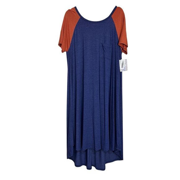 LulaRoe Dress Womens Size XL Blue Rust Carly Swing Midi Hi-Low Short Sleeve NWT - Picture 1 of 8
